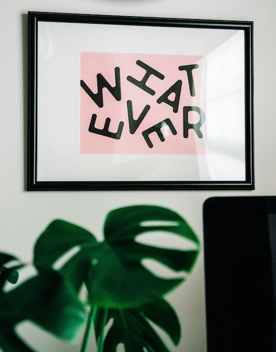 Word whatever in a frame on a wall, above a plant and black screen.