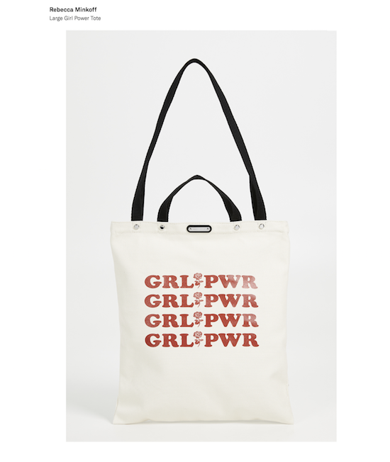 Shown: Large Tote bag with two handles. On the tote in red block letters is written, GRL PWR, several times. 