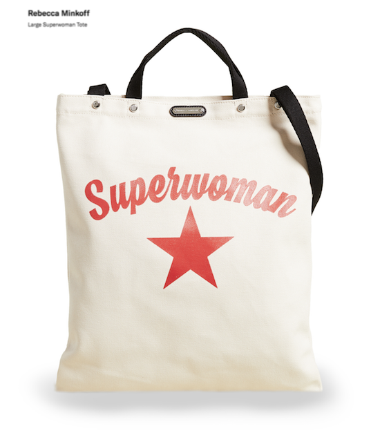 Shown:Large White Cotton Tote bag with the word "Superwoman" written above a lone red star.