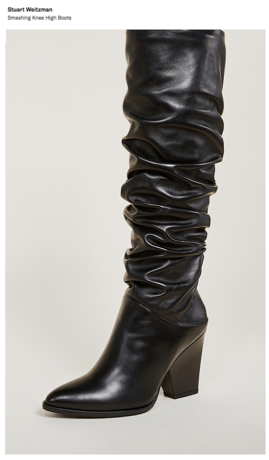 Shown: One black slouchy boot by Stuart Weitzman