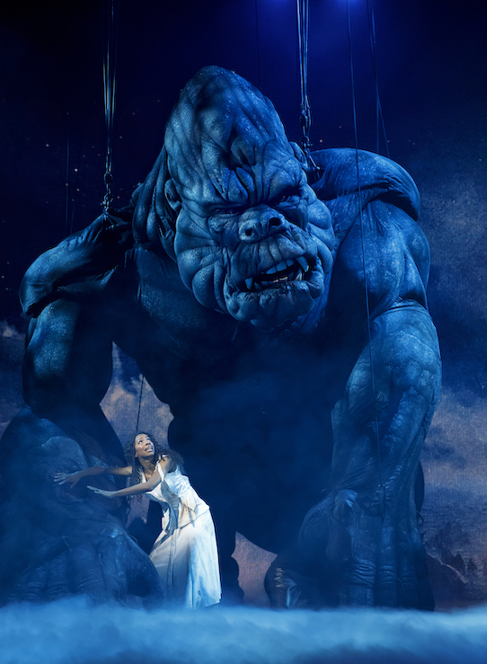 King Kong and Ann Darrow, played by Christiani Pitts, on stage at the Broadway Theater